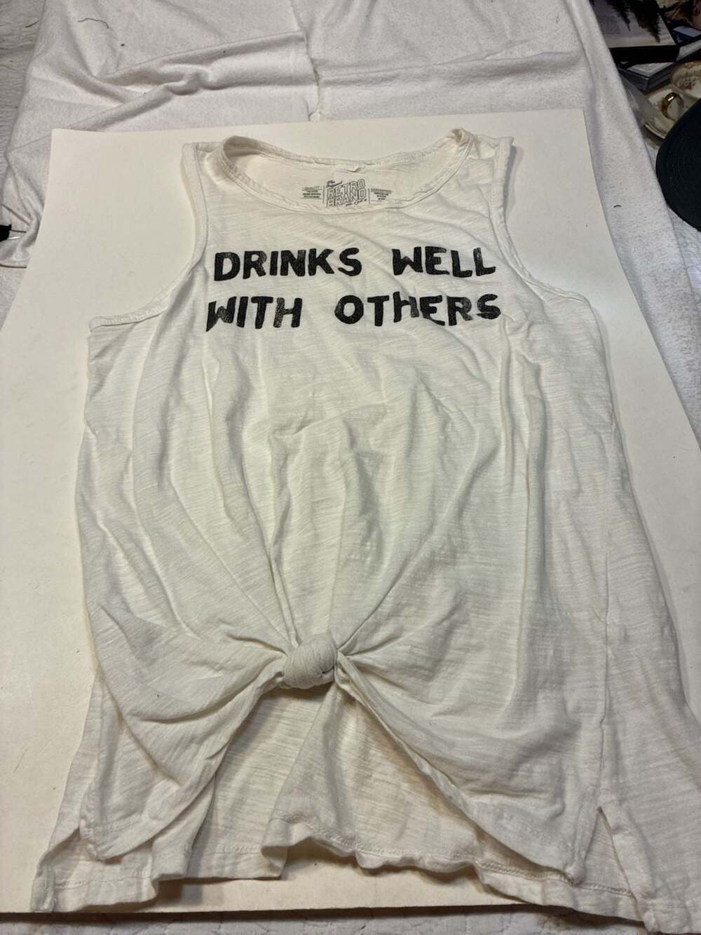 The Original Retro Brand Drinks Well With Others White Graphic Tie-Front Tank To
